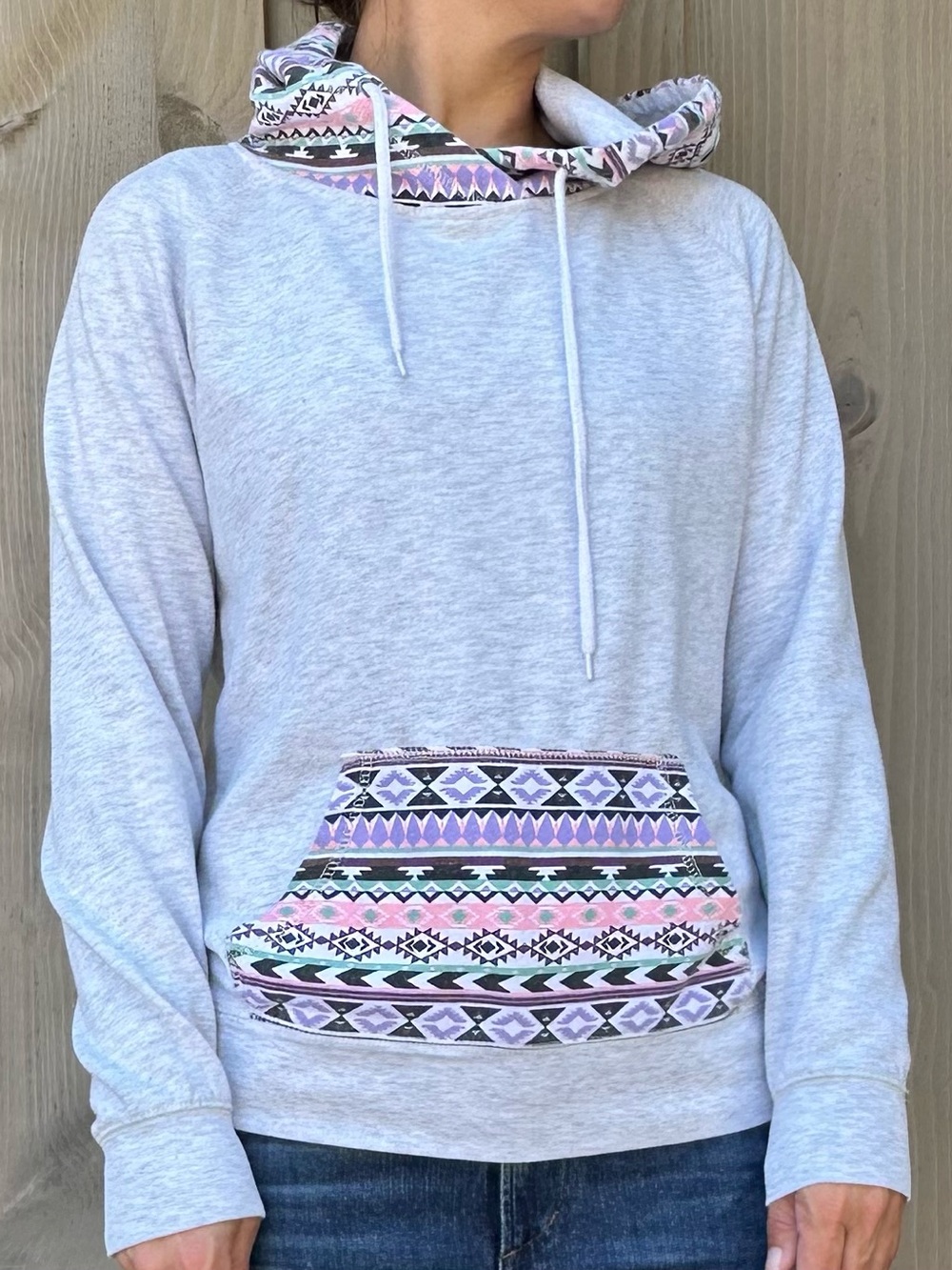 Empyre Light Gray Hoodie with Pink & Lavender Aztec Trim